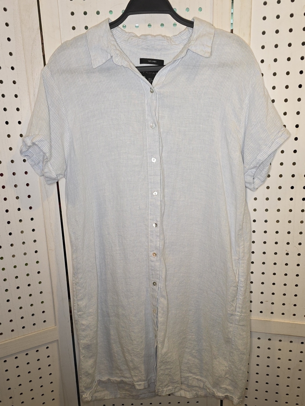 Tahari Shirt Dress M Blue Striped 100% Linen Nautical Coastal